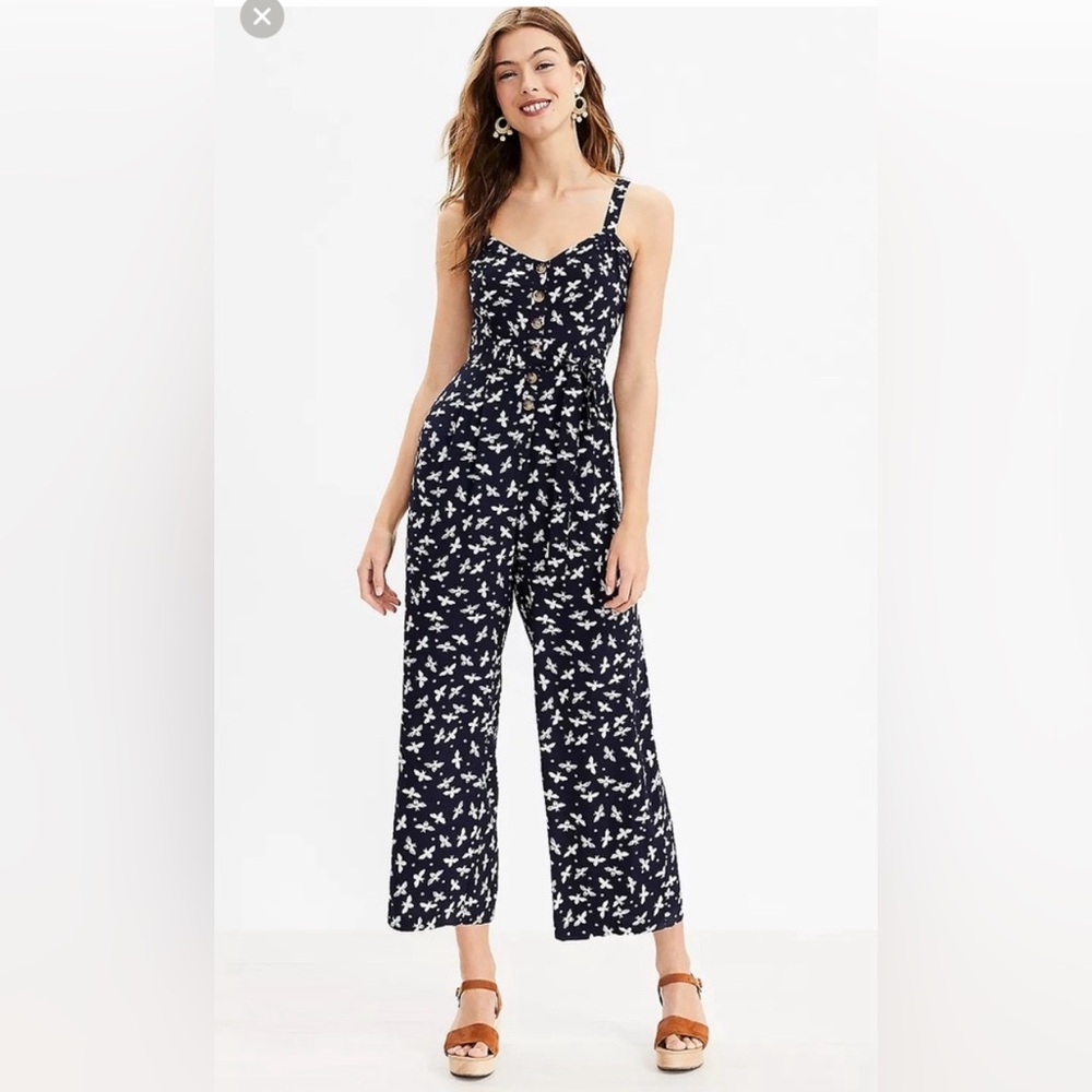 LOFT Navy and White Floral Print Jumpsuit